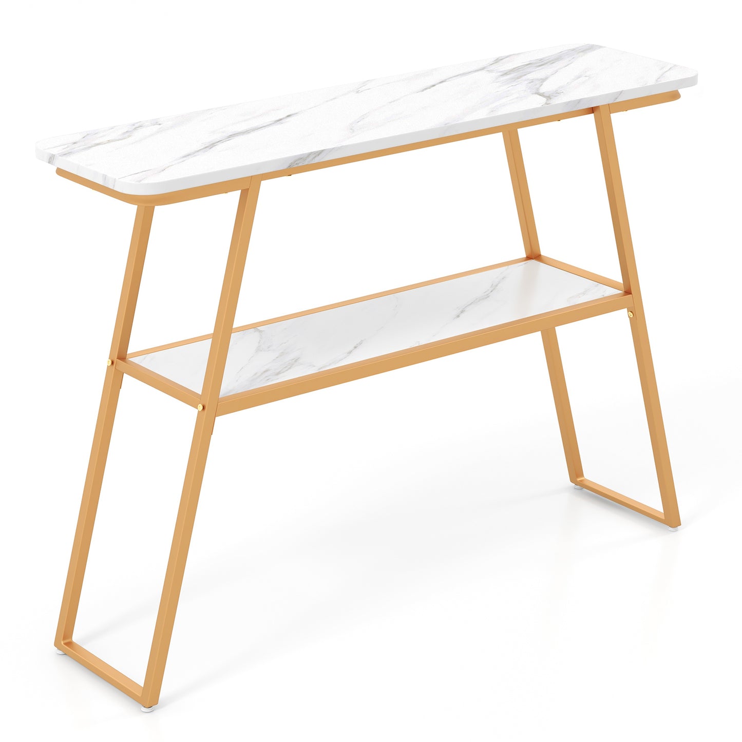 2-Tier Console Table with Open Shelf and Gold Metal Frame-White &amp; Golden