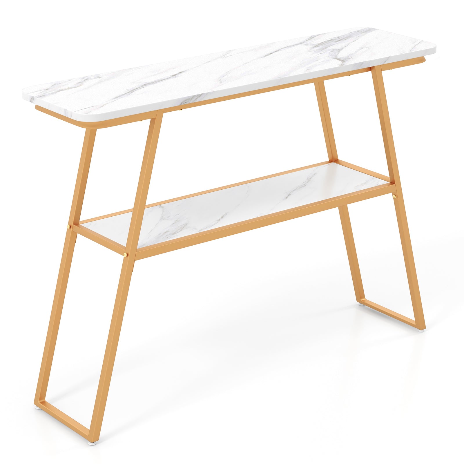 2-Tier Console Table with Open Shelf and Gold Metal Frame-White &amp; Golden