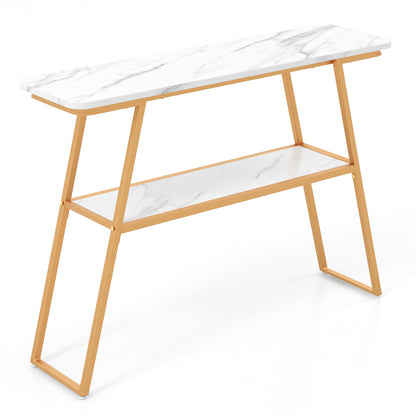 2-Tier Console Table with Open Shelf and Gold Metal Frame-White &amp; Golden