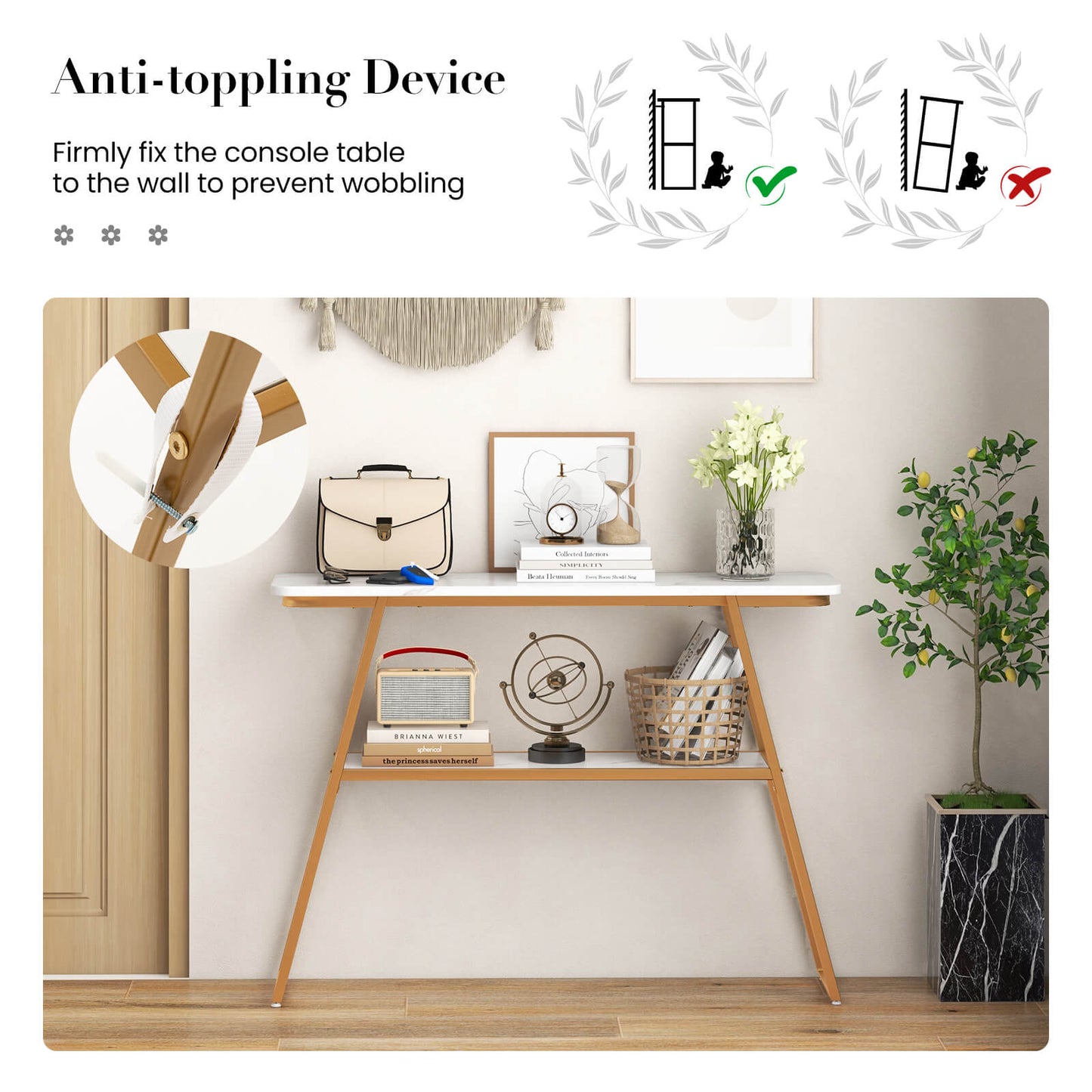 2-Tier Console Table with Open Shelf and Gold Metal Frame-White &amp; Golden