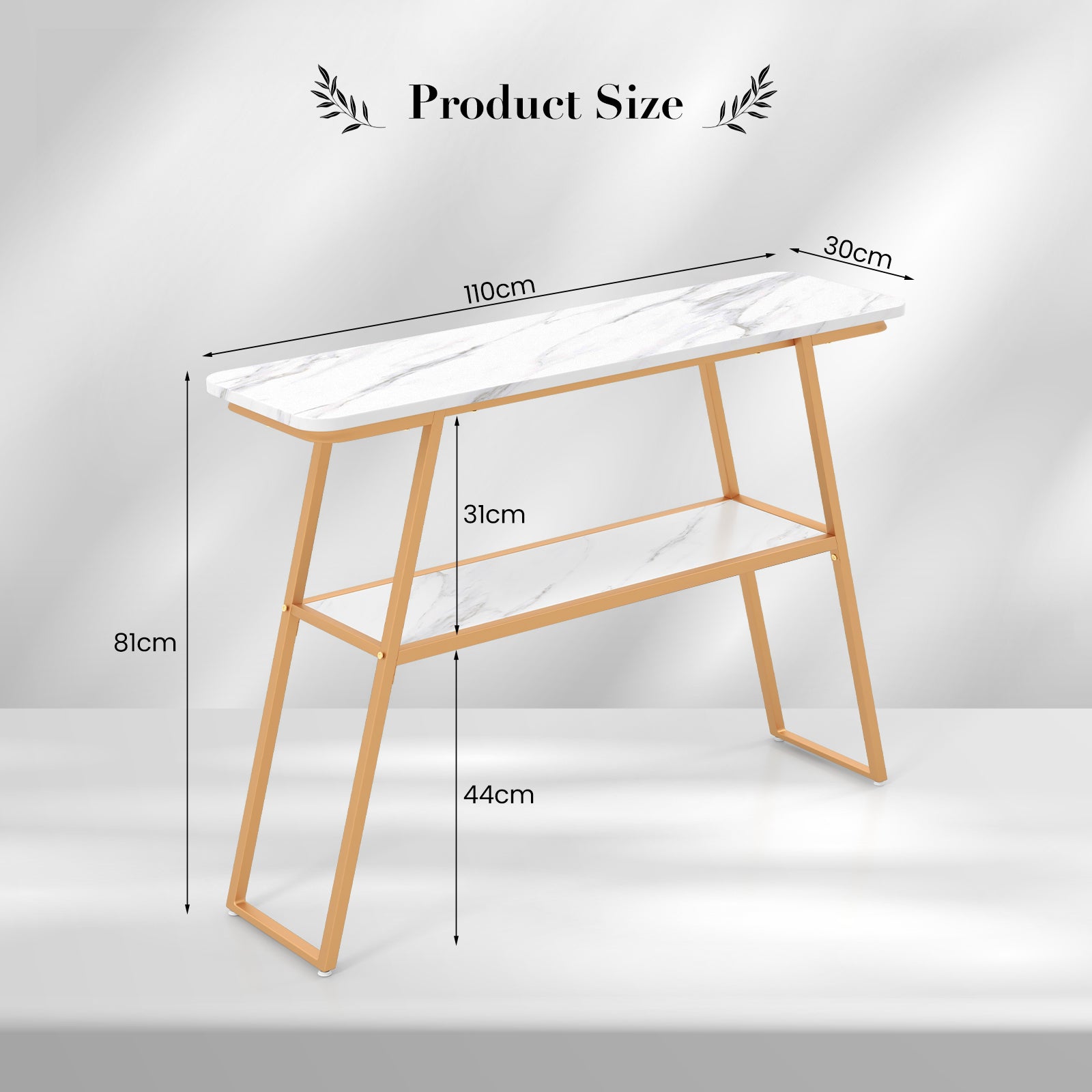 2-Tier Console Table with Open Shelf and Gold Metal Frame-White &amp; Golden