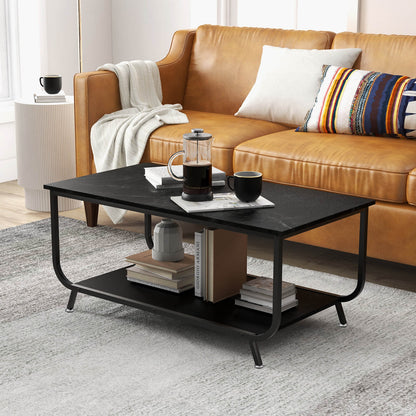 2-Tier Faux Marble Coffee Table Rectangular with Shelf-Black