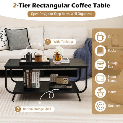 2-Tier Faux Marble Coffee Table Rectangular with Shelf-Black