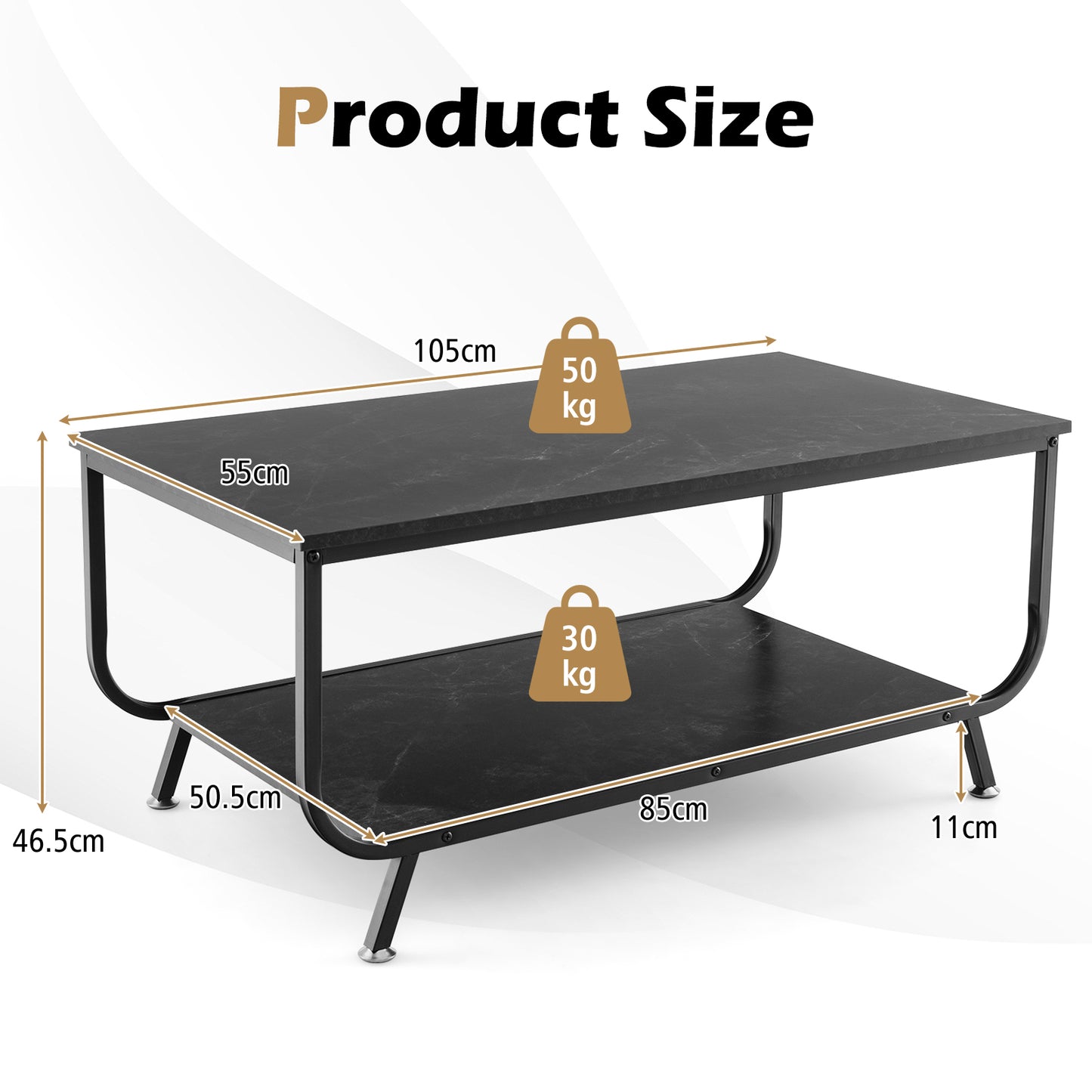 2-Tier Faux Marble Coffee Table Rectangular with Shelf-Black
