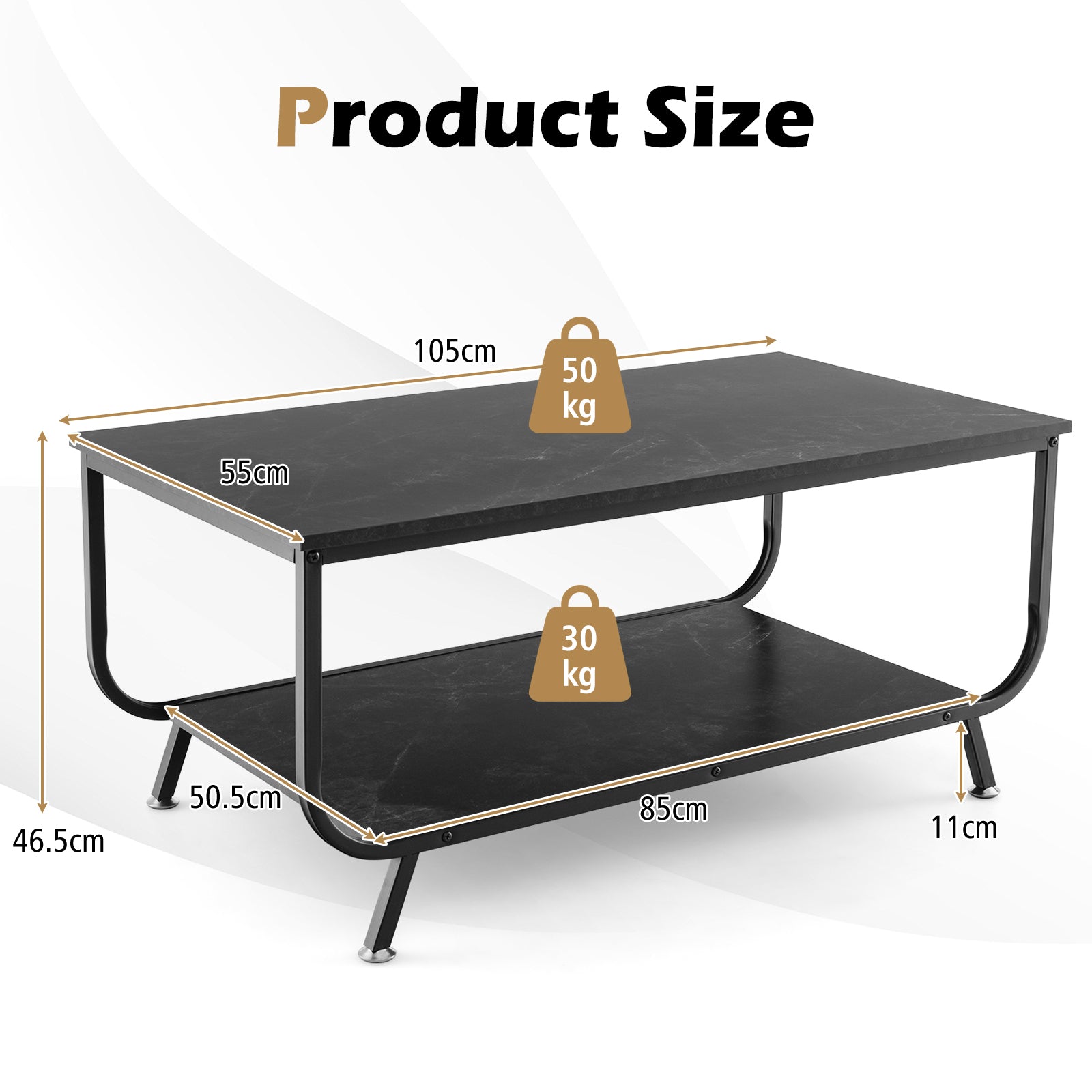 2-Tier Faux Marble Coffee Table Rectangular with Shelf-Black