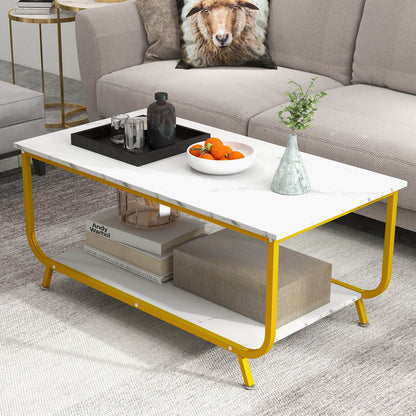 2-Tier Faux Marble Coffee Table Rectangular with Shelf-White