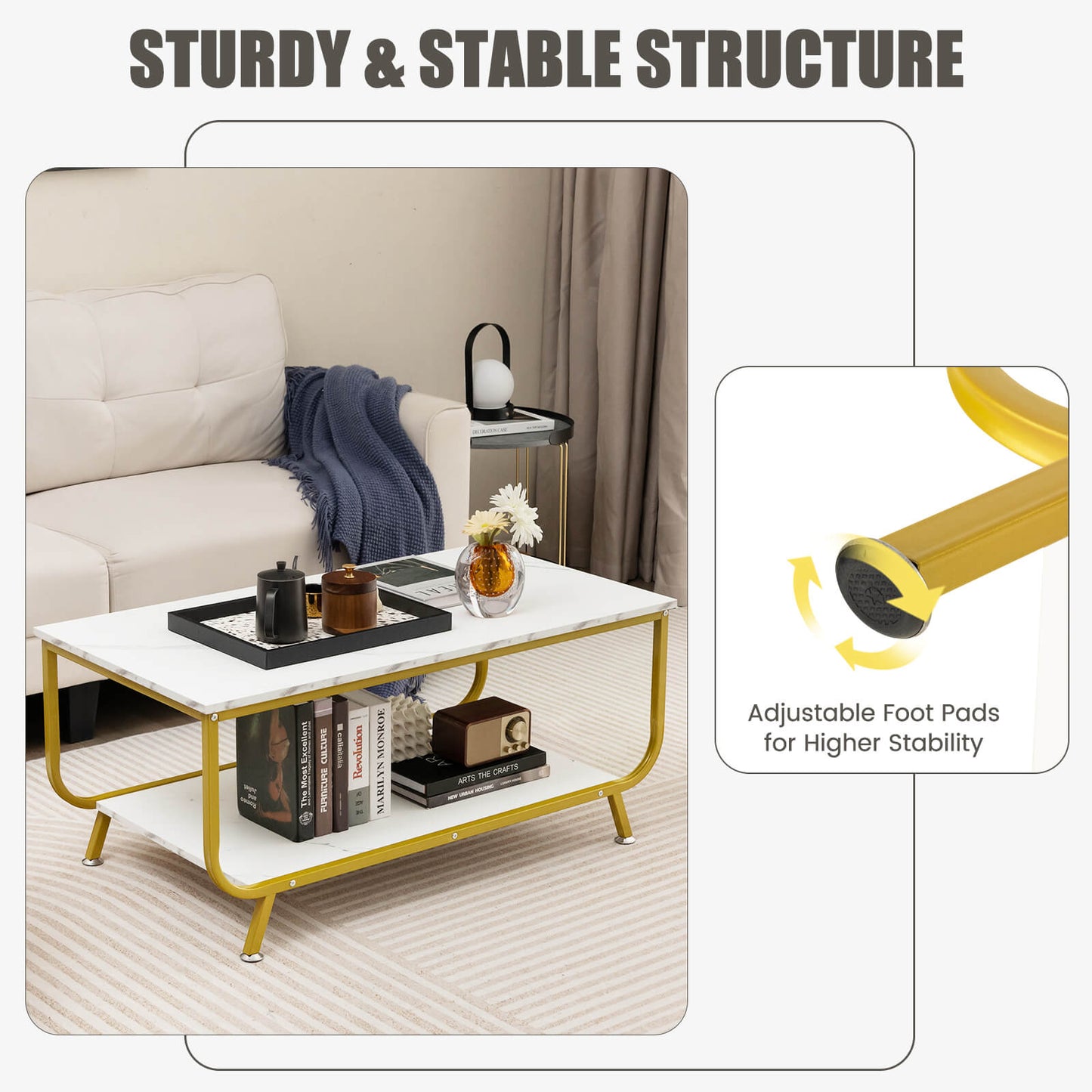 2-Tier Faux Marble Coffee Table Rectangular with Shelf-White