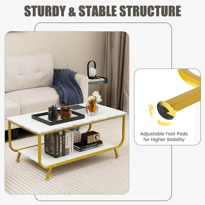 2-Tier Faux Marble Coffee Table Rectangular with Shelf-White
