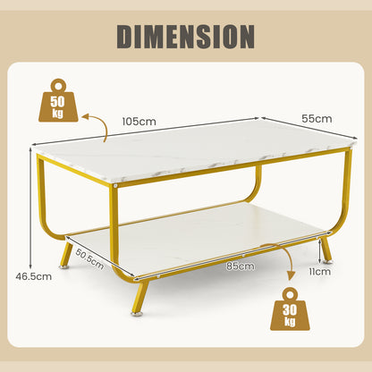 2-Tier Faux Marble Coffee Table Rectangular with Shelf-White