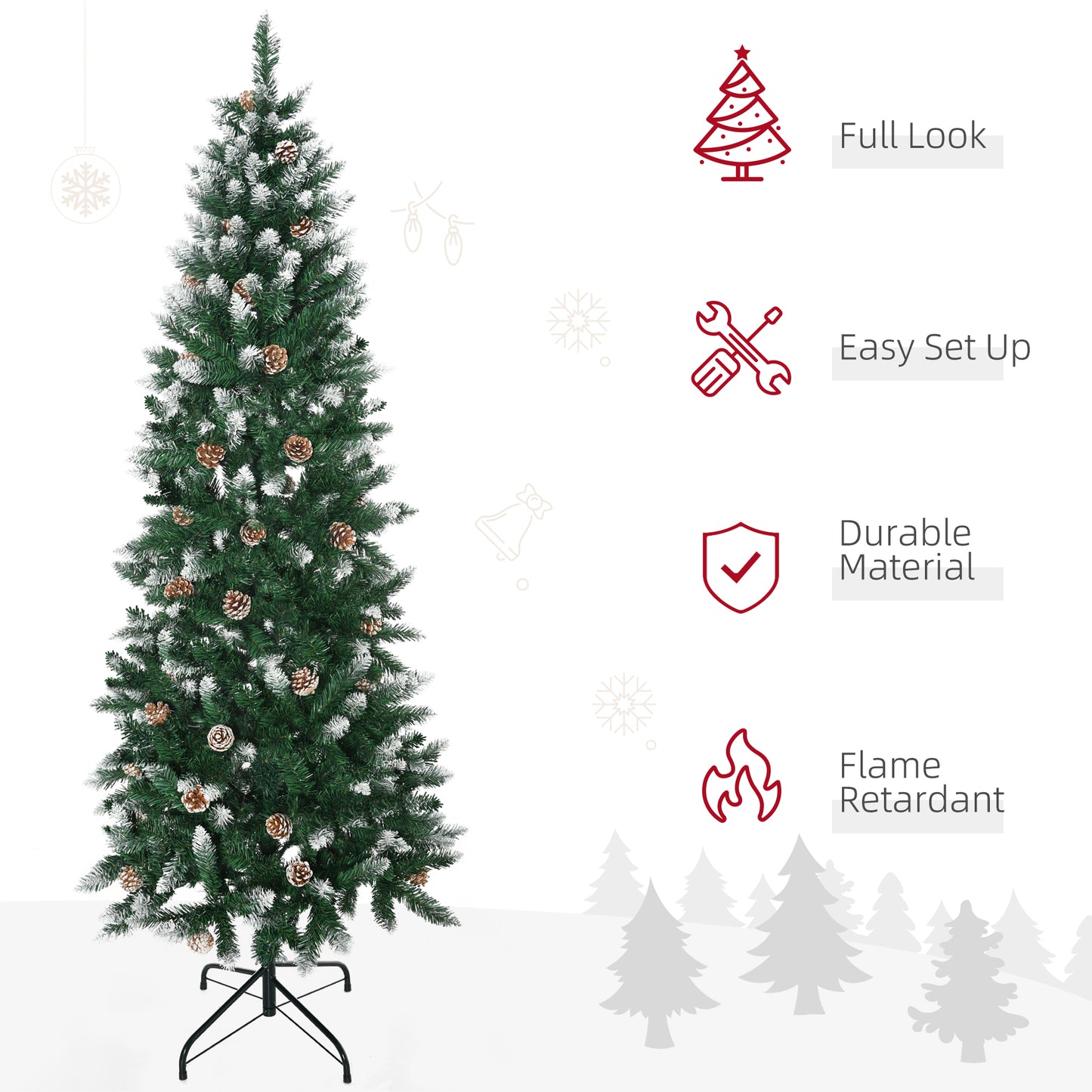 HOMCOM 6 Foot Snow Artificial Christmas Tree with Realistic Branches, Pine Cone, for Indoor Decoration, Green White
