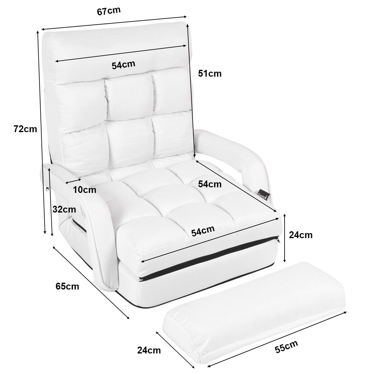 Adjustable Folding Floor Lazy Chair with Pillow-White