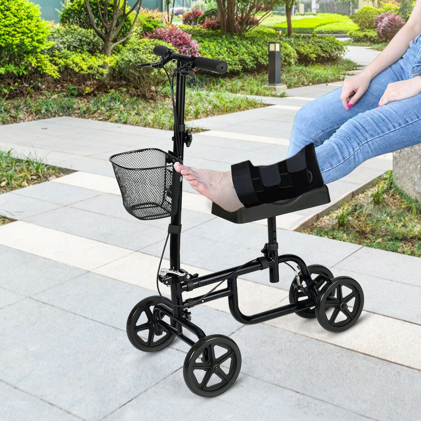 Adjustable Steerable Knee Walker Folding Scooter with Brake-Black