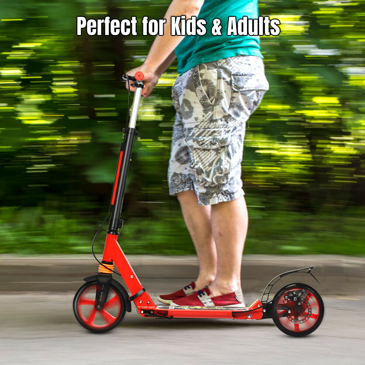 Folding Kick Scooter with Double Suspension and Carrying Strap-Red
