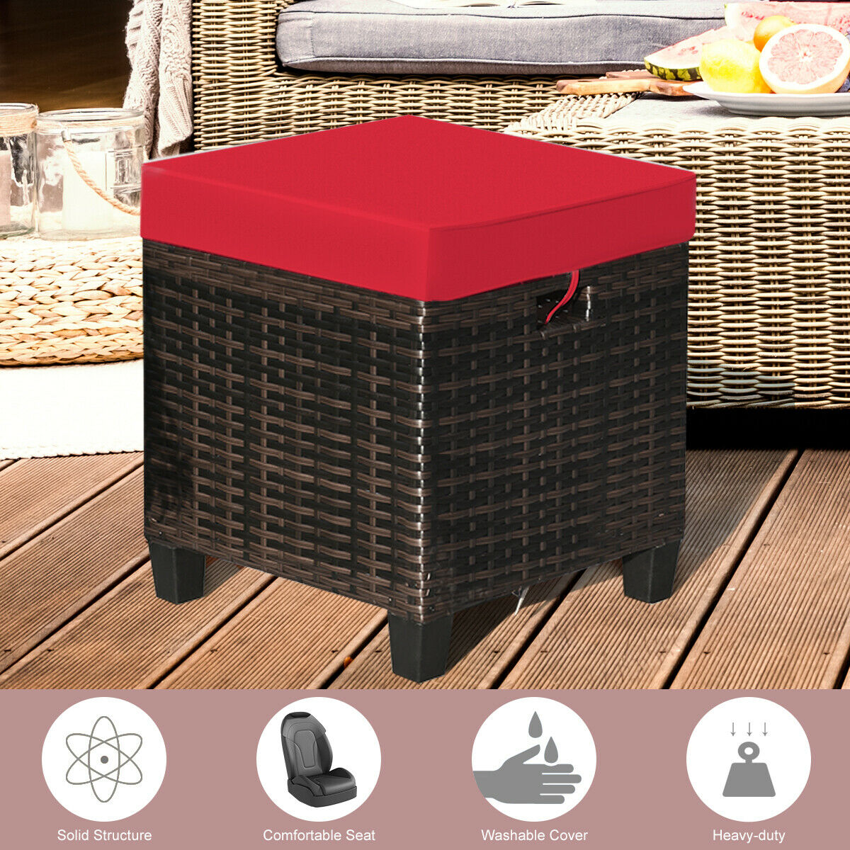 Set of 2 Outdoor Rattan Ottoman Chair Seat with Padded Cushions-Red