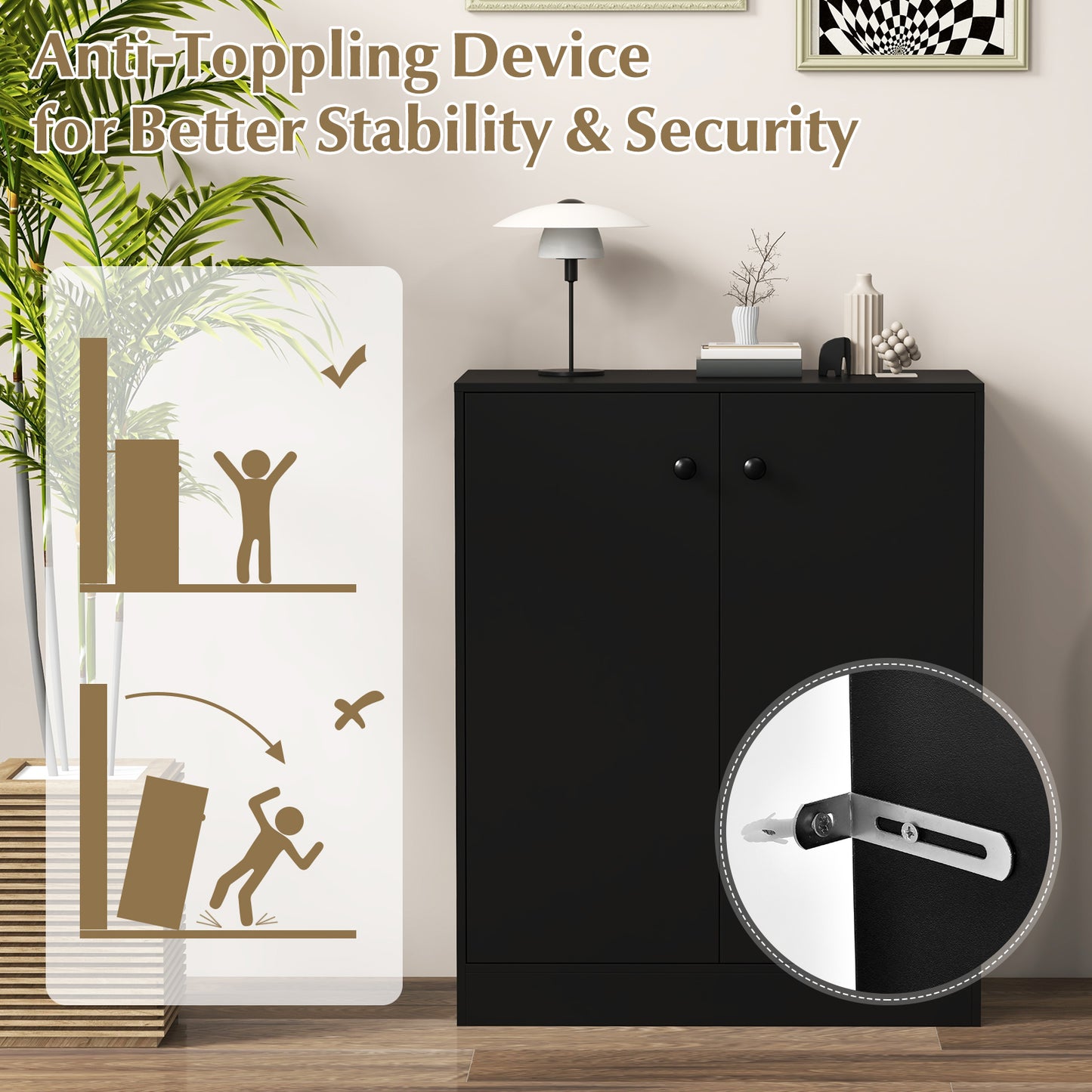 2-Door Storage Cabinet with 3 Shelves-Black