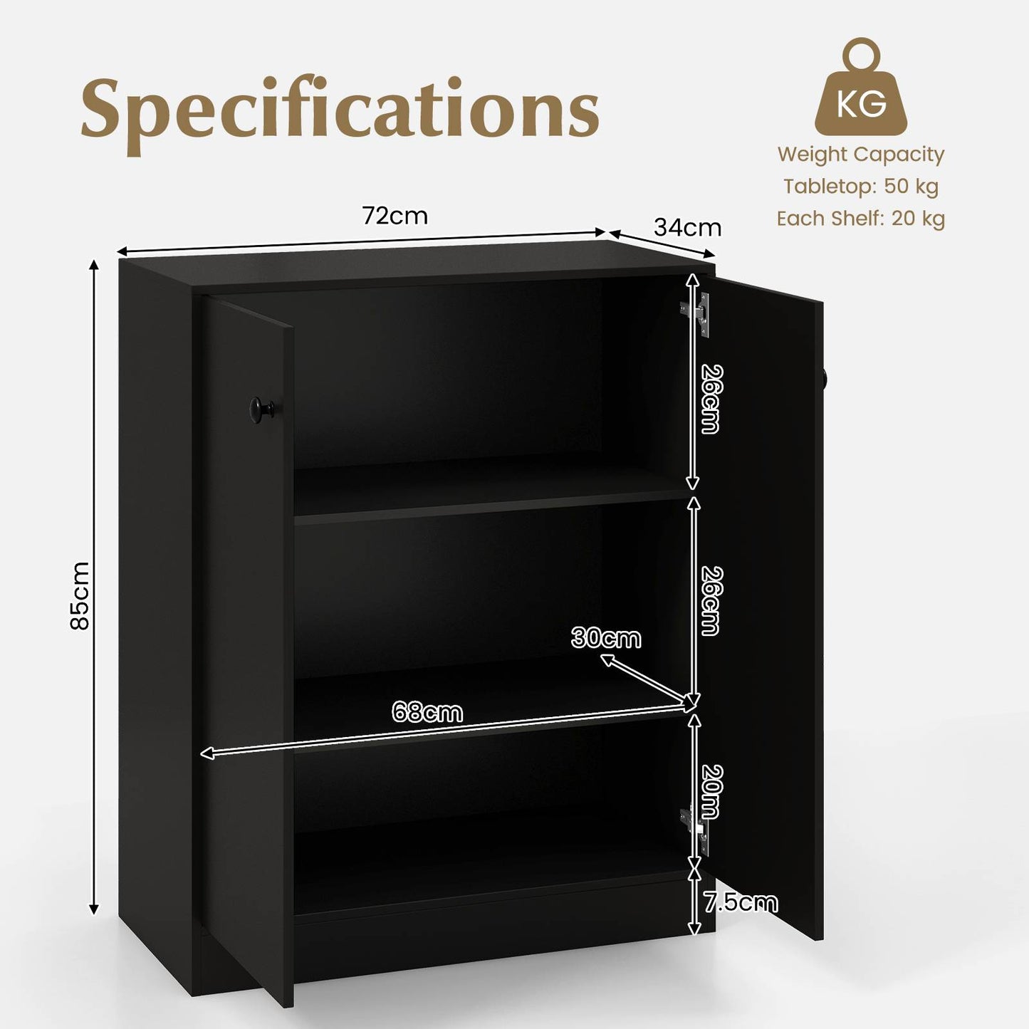 2-Door Storage Cabinet with 3 Shelves-Black
