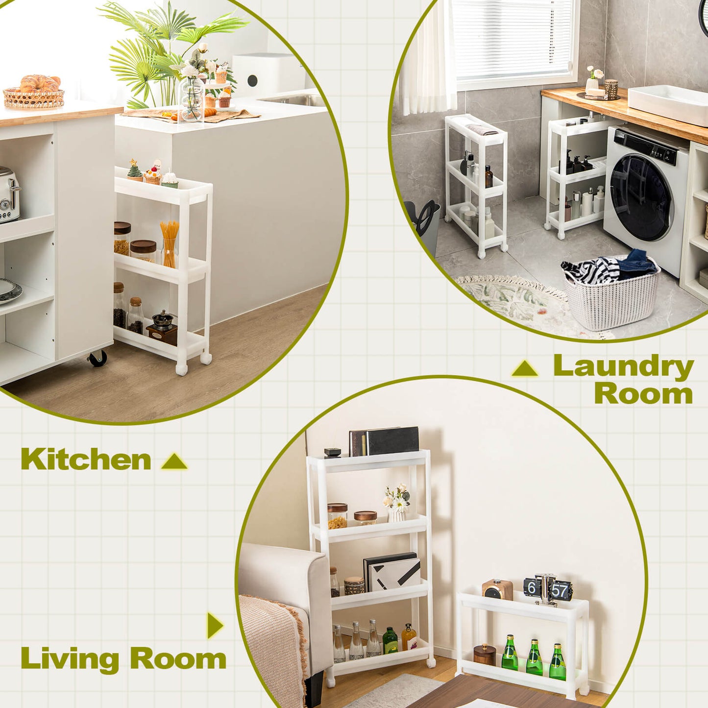 2 Pack 3-Tier Slim Kitchen Storage Cart with Wheels-White