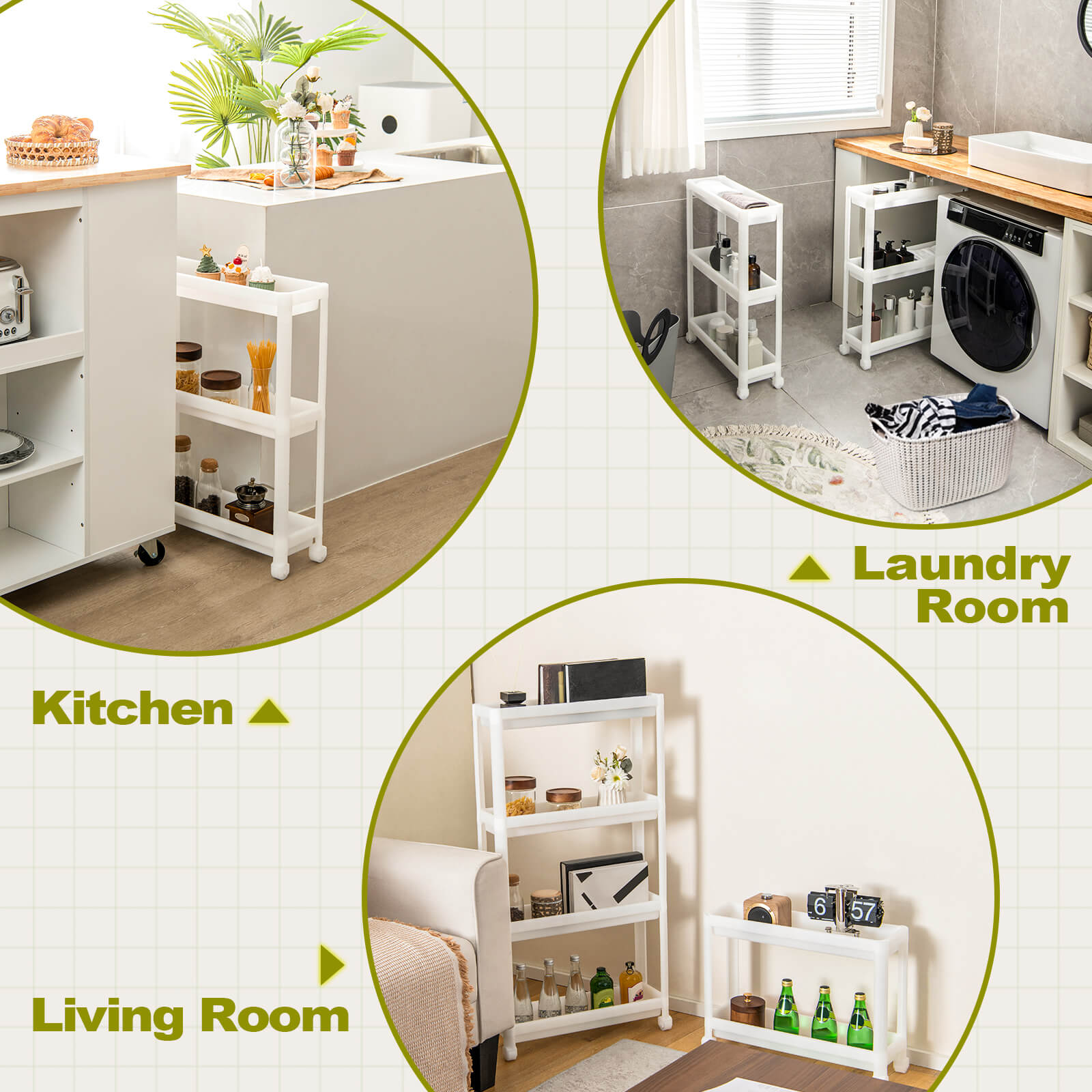 2 Pack 3-Tier Slim Kitchen Storage Cart with Wheels-White