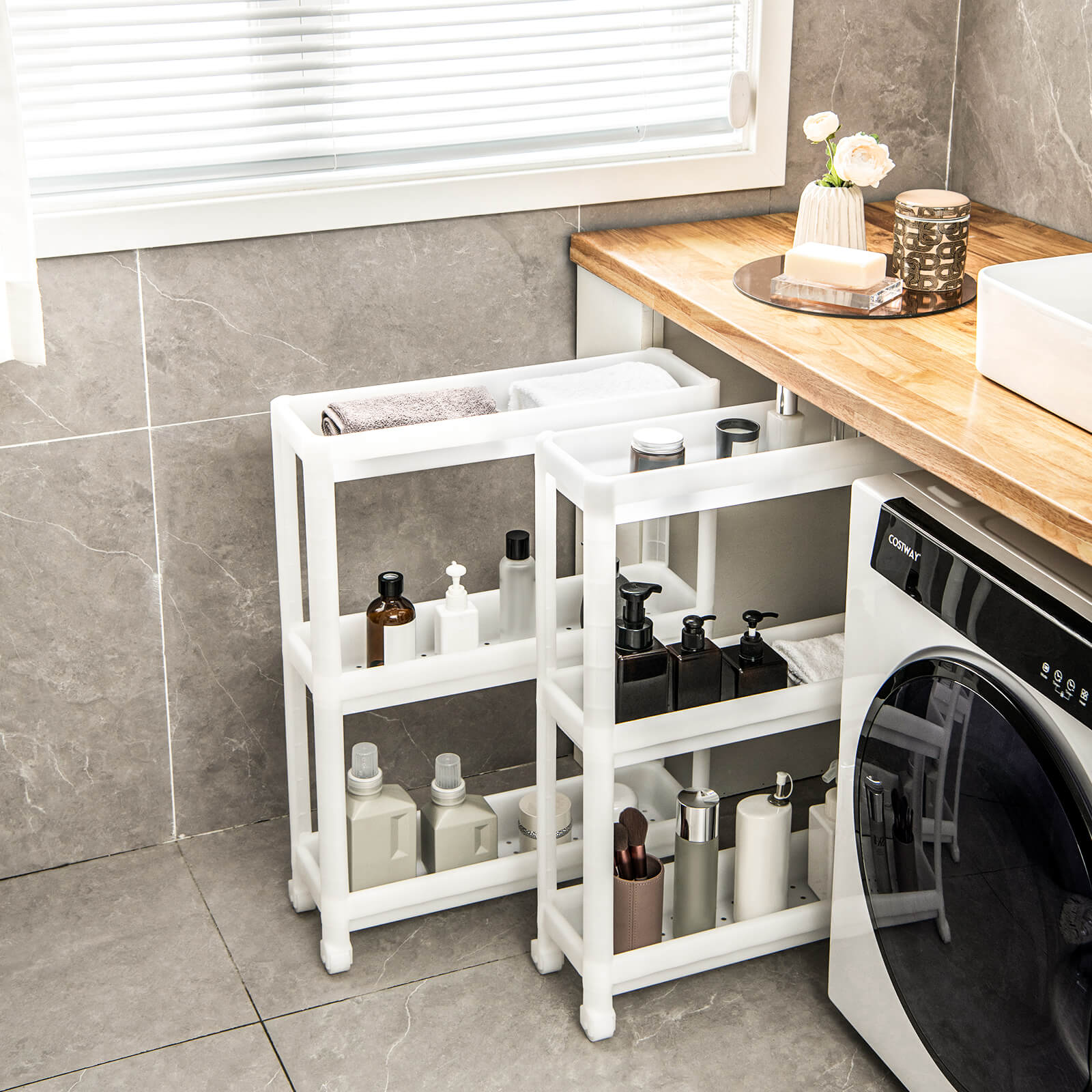 2 Pack 3-Tier Slim Kitchen Storage Cart with Wheels-White