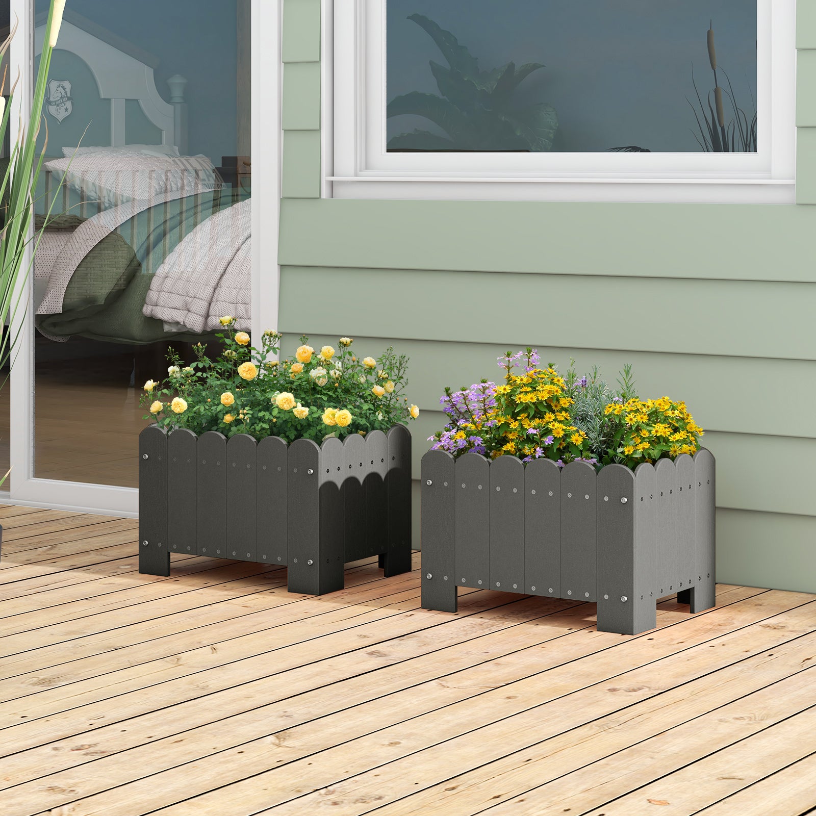 2 Pack Rectangular Planter Box HDPE Flower Pot with Drainage Gaps-Grey ...