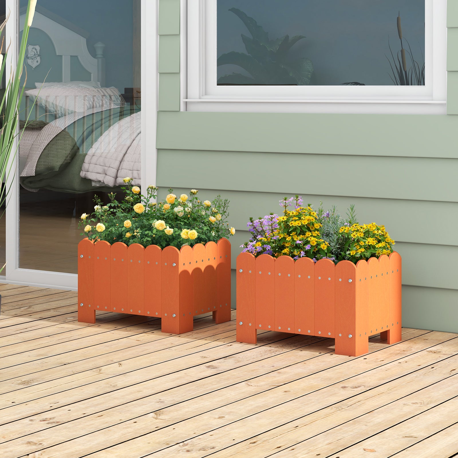 2 Pack Rectangular Planter Box HDPE Flower Pot with Drainage Gaps-Oran ...