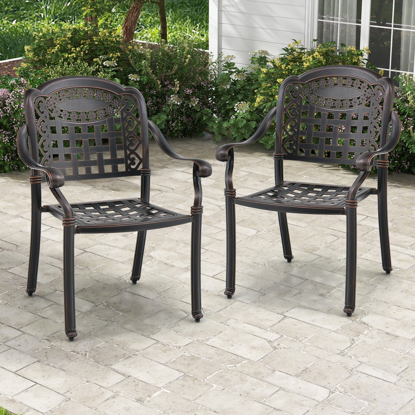 Cast Aluminum Patio Chairs Set of 2 Dining Stackable Outdoor-Bronze