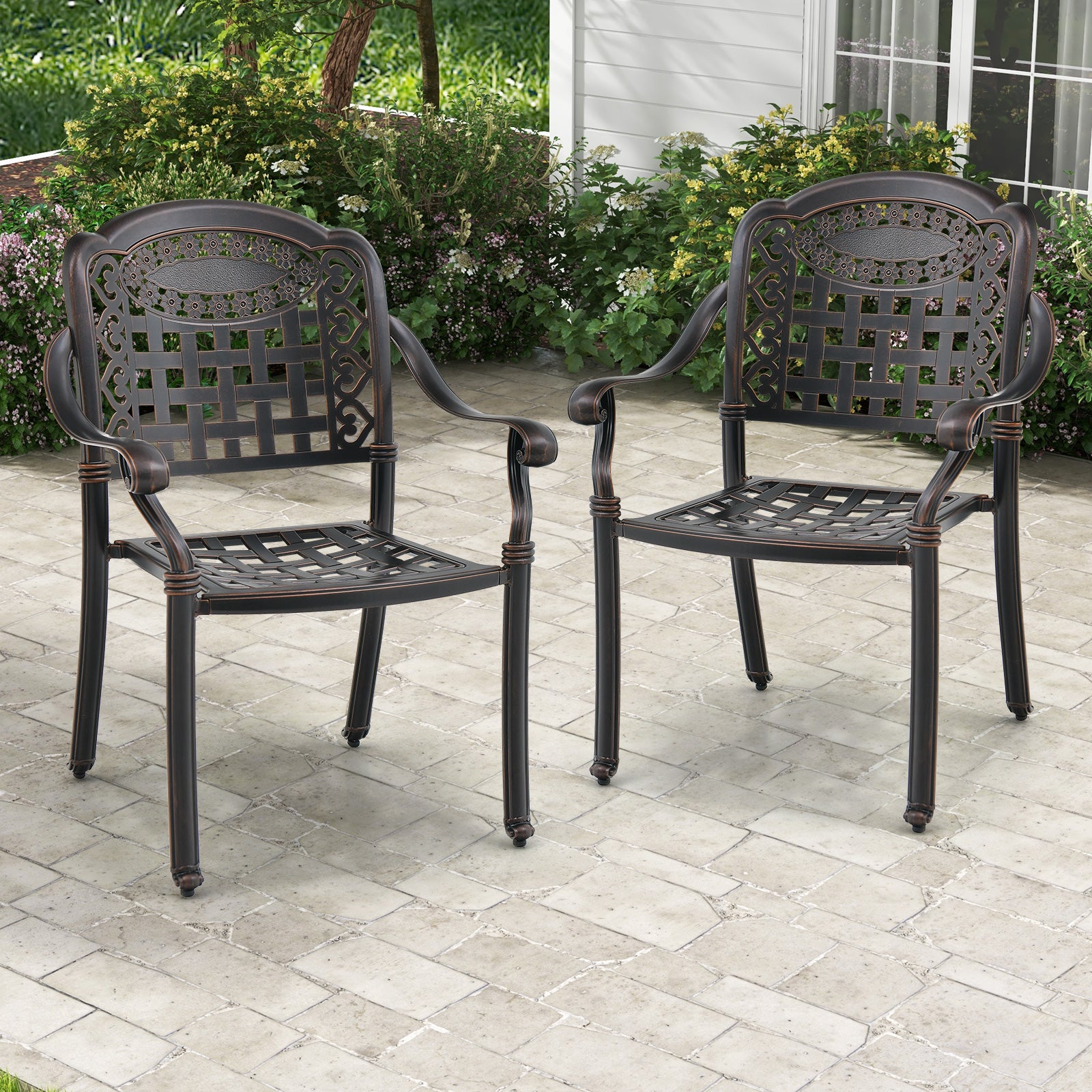 Cast Aluminum Patio Chairs Set of 2 Dining Stackable Outdoor-Bronze