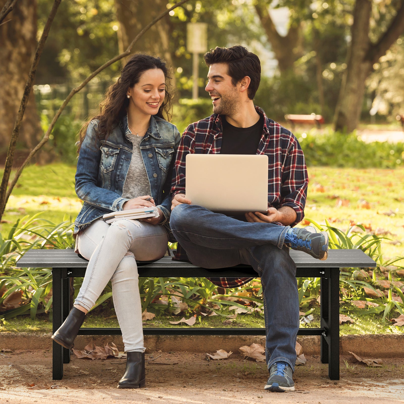 2-Person Outdoor Bench with Slatted Seat-Grey