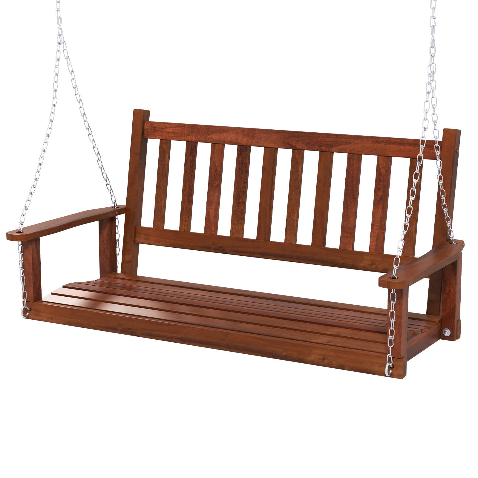 2/3 Person Wooden Outdoor Porch Swing with Adjustable Upper Chains-Brown-2 Person