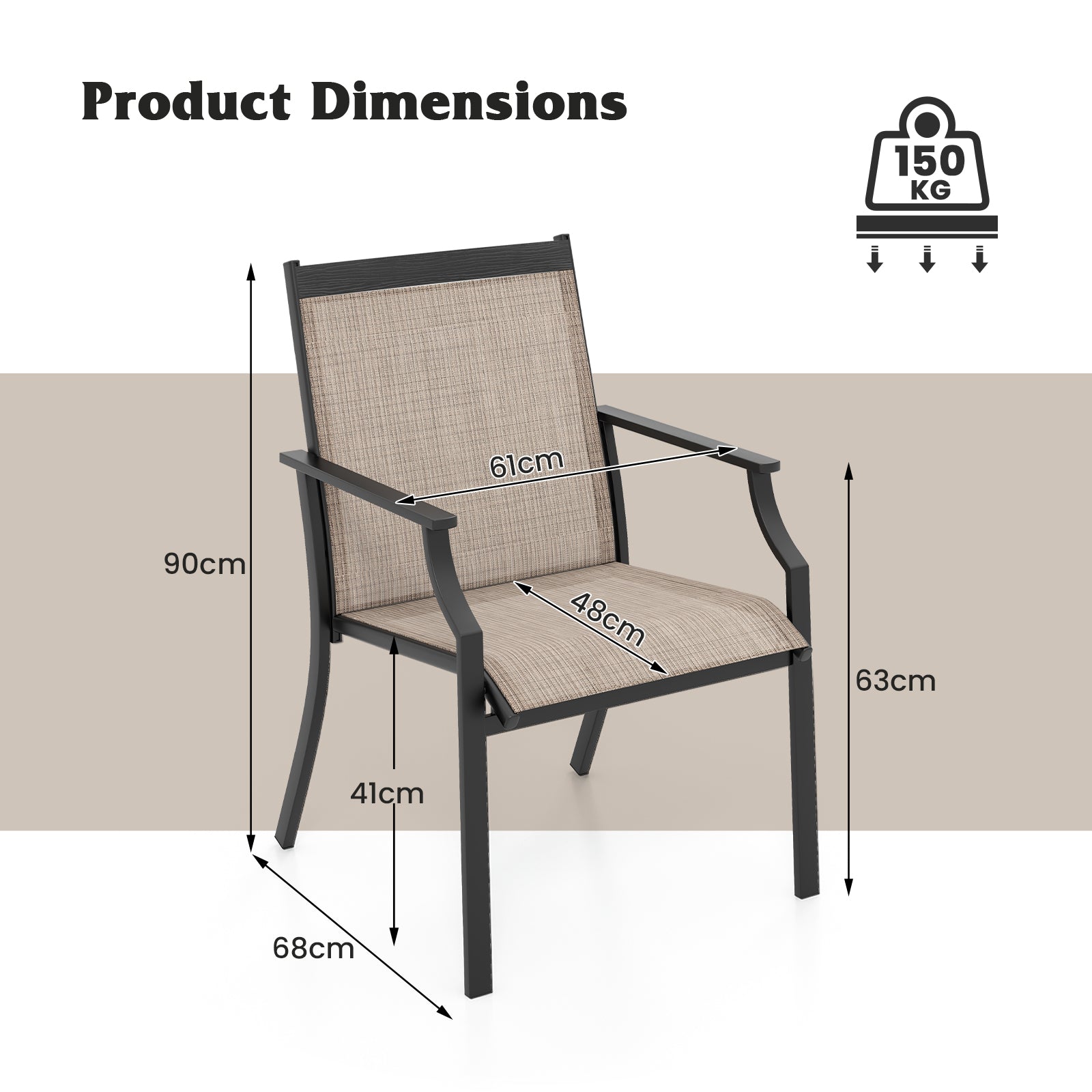 2 Piece Patio Dining Chairs with Breathable Seat and Metal Frame-Coffee