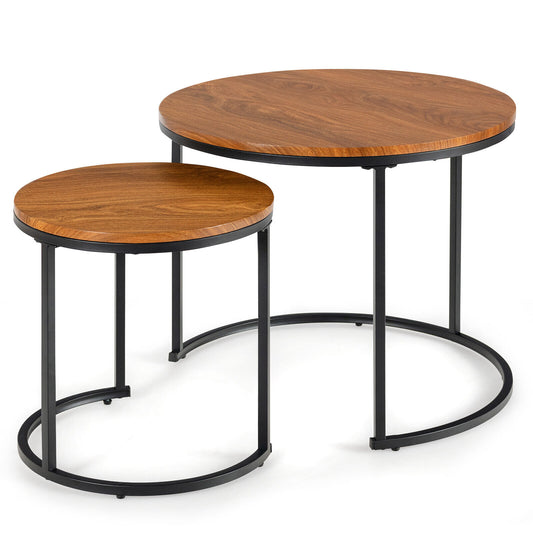 2 Piece Modern Industrial Stackable Nesting Coffee Tables for for Home Office-Brown