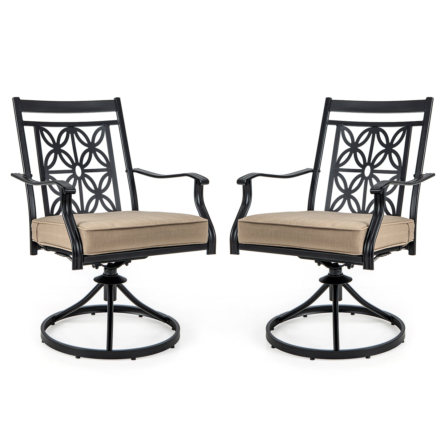 2 Pieces Outdoor Bistro Dining Chair Set Swivel Chairs with Blossom Pattern Backrest-Khaki