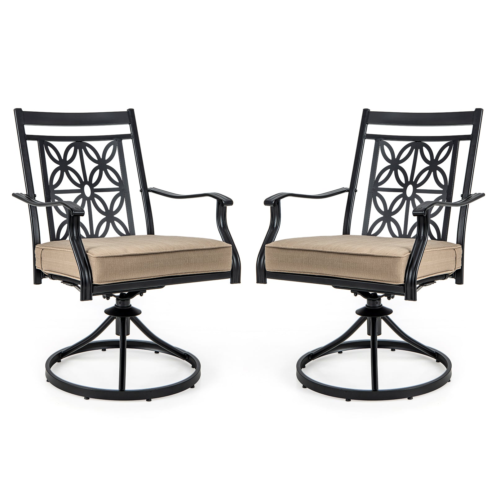 2 Pieces Outdoor Bistro Dining Chair Set Swivel Chairs with Blossom Pattern Backrest-Khaki