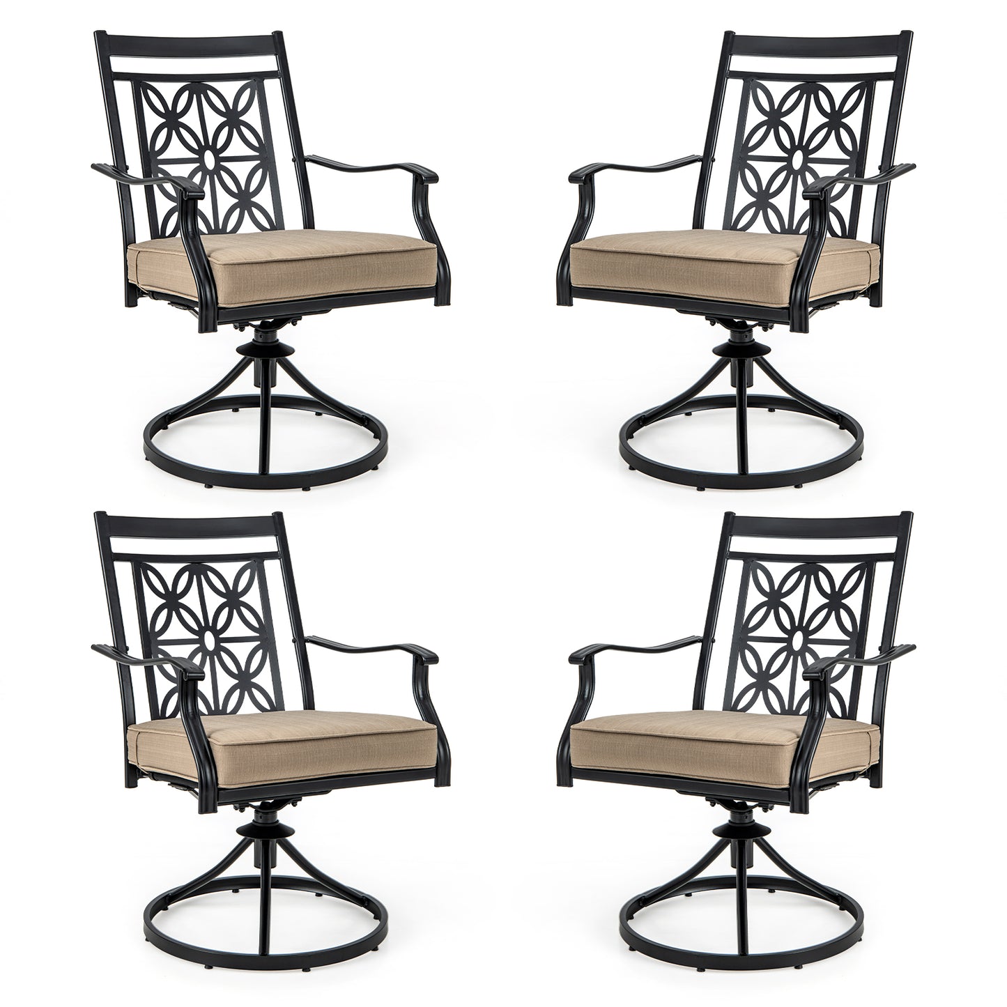 2 Pieces Outdoor Bistro Dining Chair Set Swivel Chairs with Blossom Pattern Backrest-Khaki