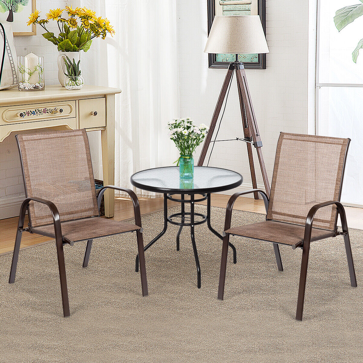 2 Piece Patio Outdoor Camping Chairs Set with Breathable Fabric-Brown