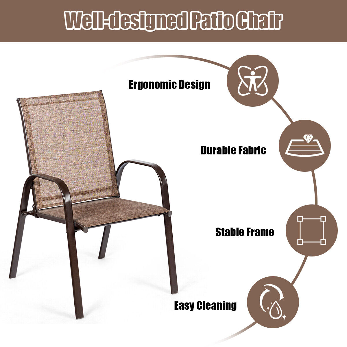 2 Piece Patio Outdoor Camping Chairs Set with Breathable Fabric-Brown