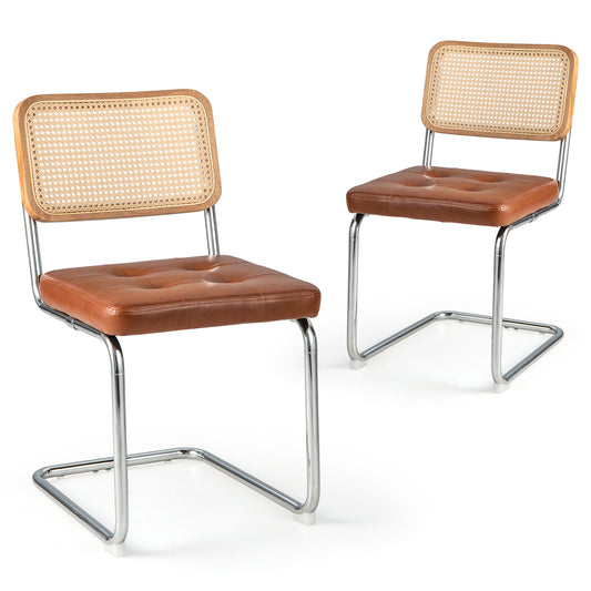 2 Pieces Rattan Dining Chairs Set with Mesh Cane Backrest-Brown
