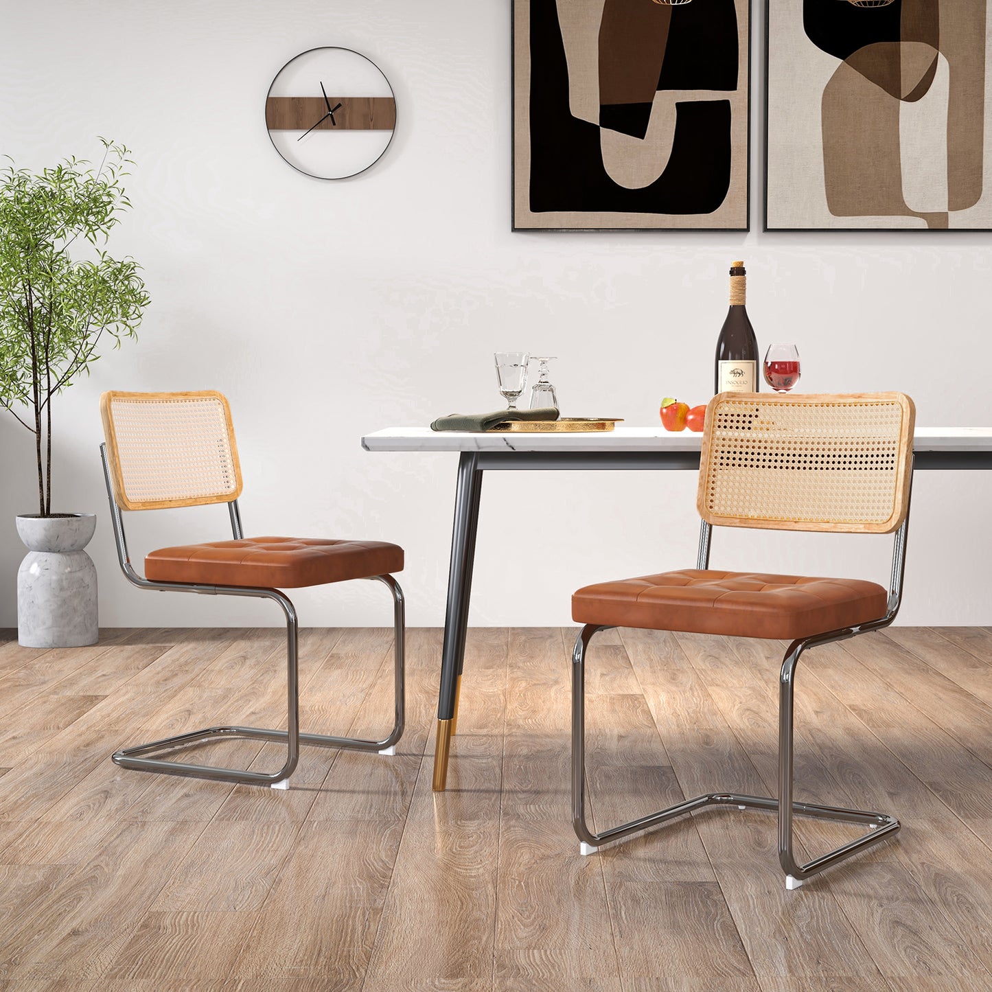 2 Pieces Rattan Dining Chairs Set with Mesh Cane Backrest-Brown