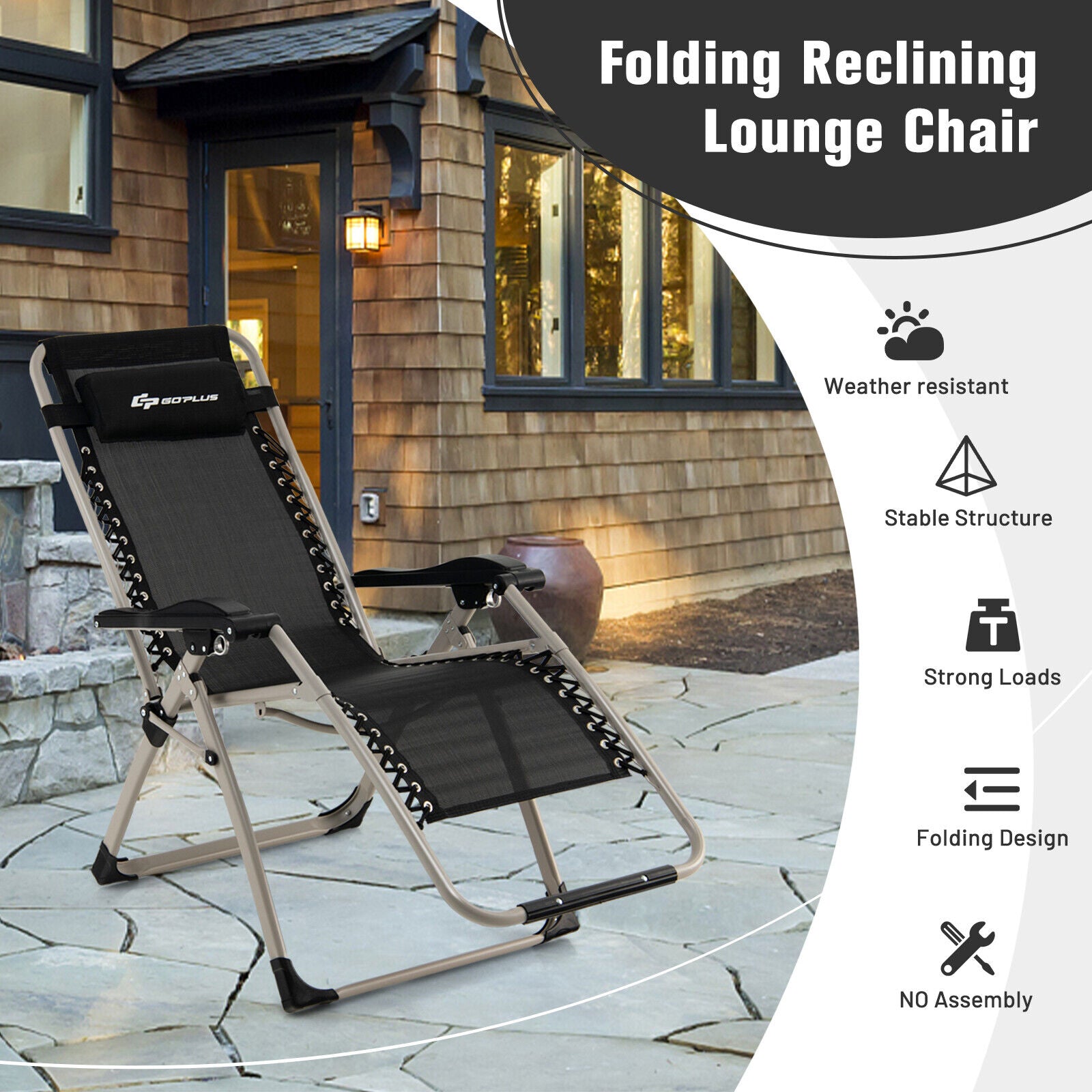 Foldable Zero Gravity Lounge Chair with Removable Headrest and Adjustable Backrest-Black