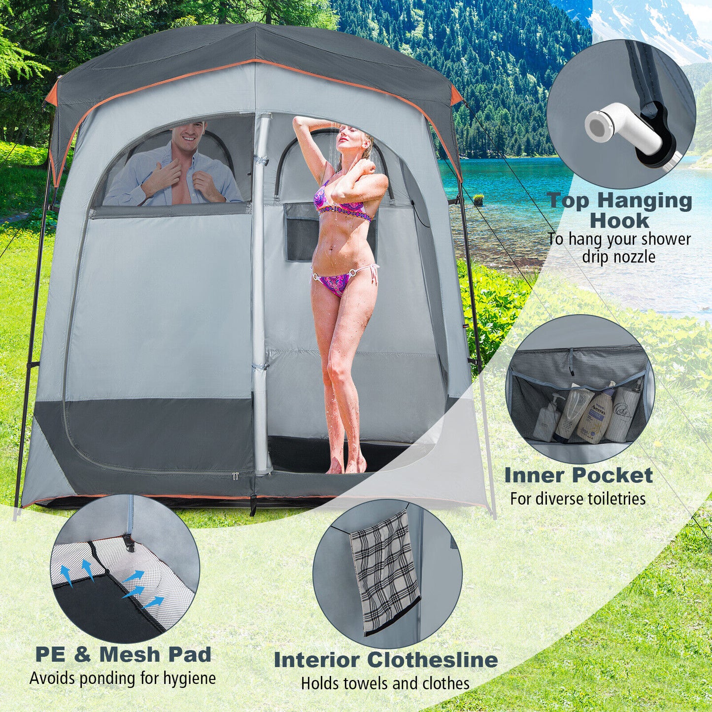 2 Rooms Privacy Shelter Tent with Removable Rain Fly-Grey