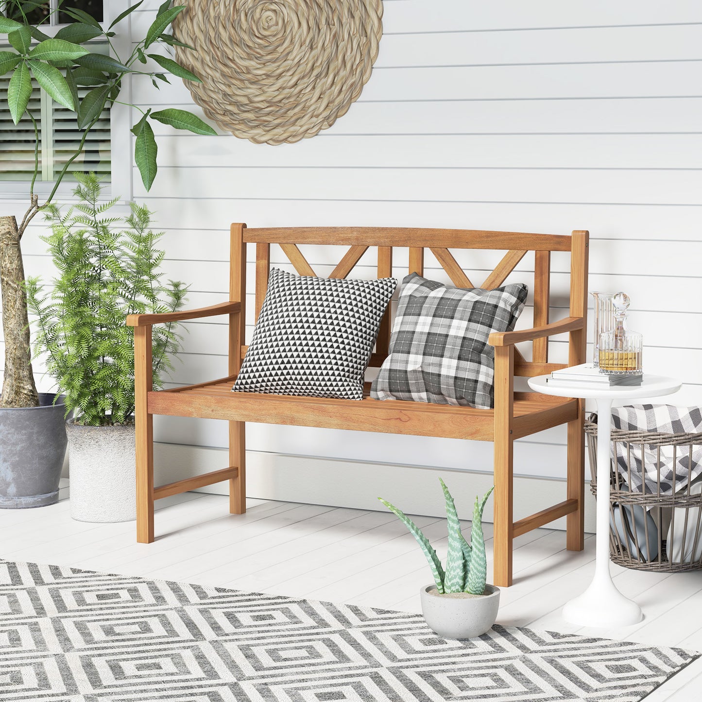 2-Seat Patio Acacia Wood Bench for Patio-Double X-Shaped Backrest