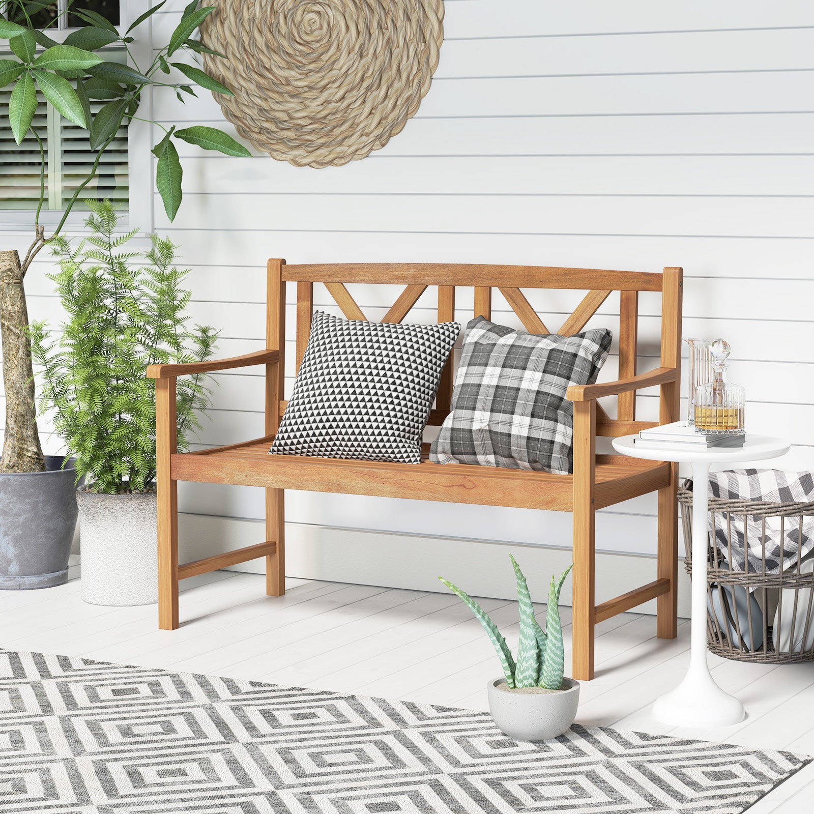 2-Seat Patio Acacia Wood Bench for Patio-Double X-Shaped Backrest