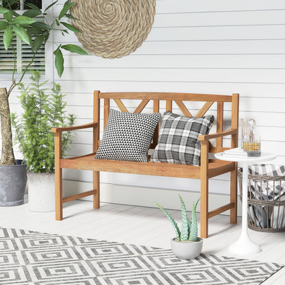 2-Seat Patio Acacia Wood Bench for Patio-Double X-Shaped Backrest