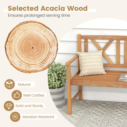 2-Seat Patio Acacia Wood Bench for Patio-Double X-Shaped Backrest