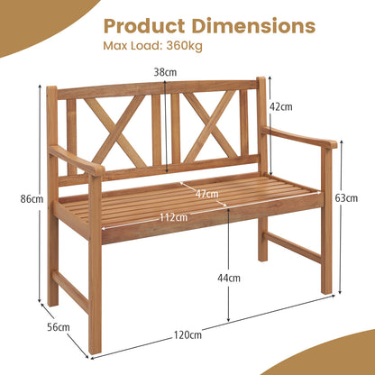 2-Seat Patio Acacia Wood Bench for Patio-Double X-Shaped Backrest
