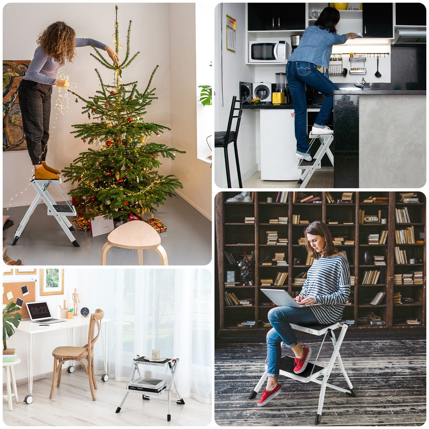 2 Step Portable Ladder with Handle and Non-slip Foot Mats-White