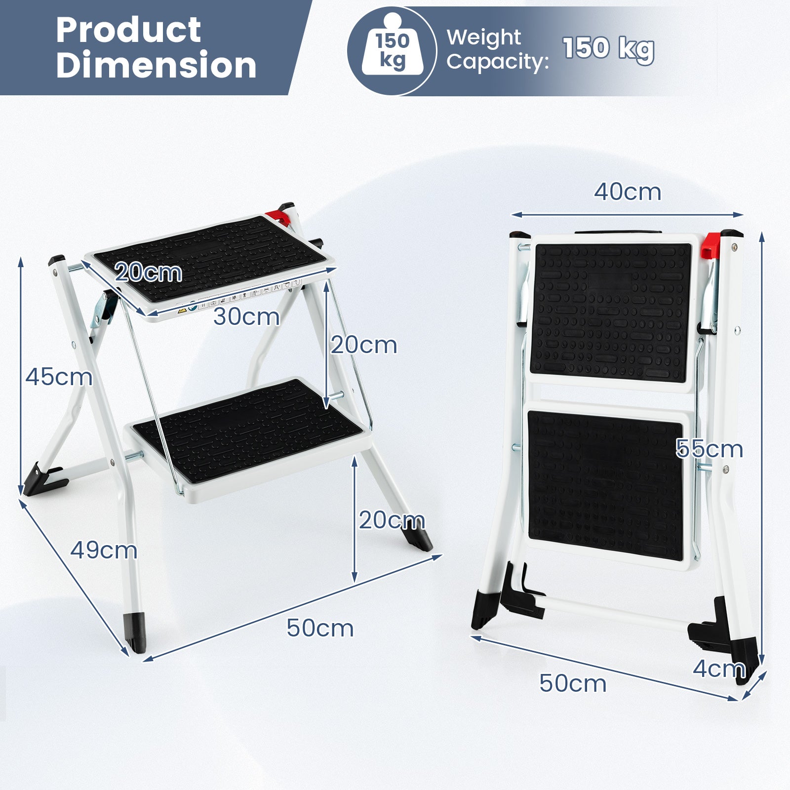 2 Step Portable Ladder with Handle and Non-slip Foot Mats-White