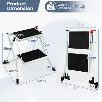 2 Step Portable Ladder with Handle and Non-slip Foot Mats-White