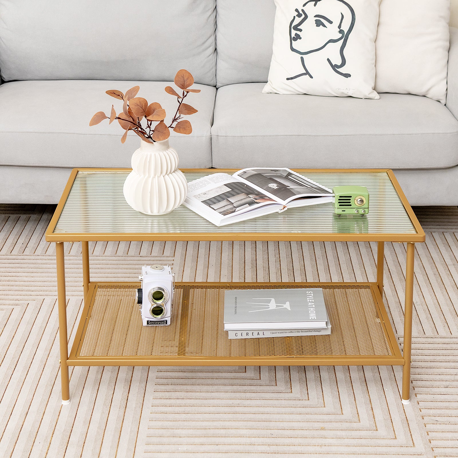 2-Tier Coffee Table with Shelf Tempered Glass Top-Golden