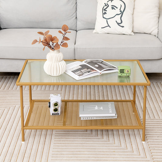 2-Tier Coffee Table with Shelf Tempered Glass Top-Golden